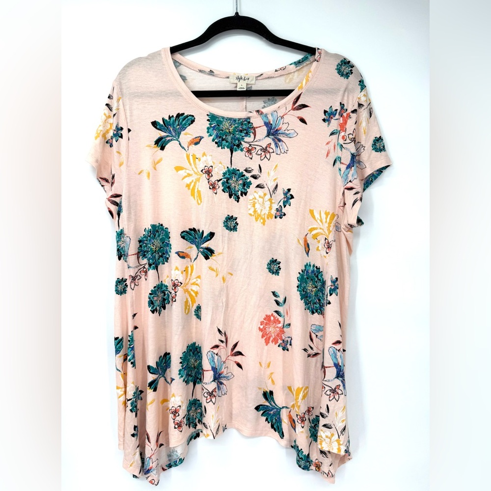 Style & Co. Blush Floral Short-Sleeve Tee with Teal & Yellow Accents